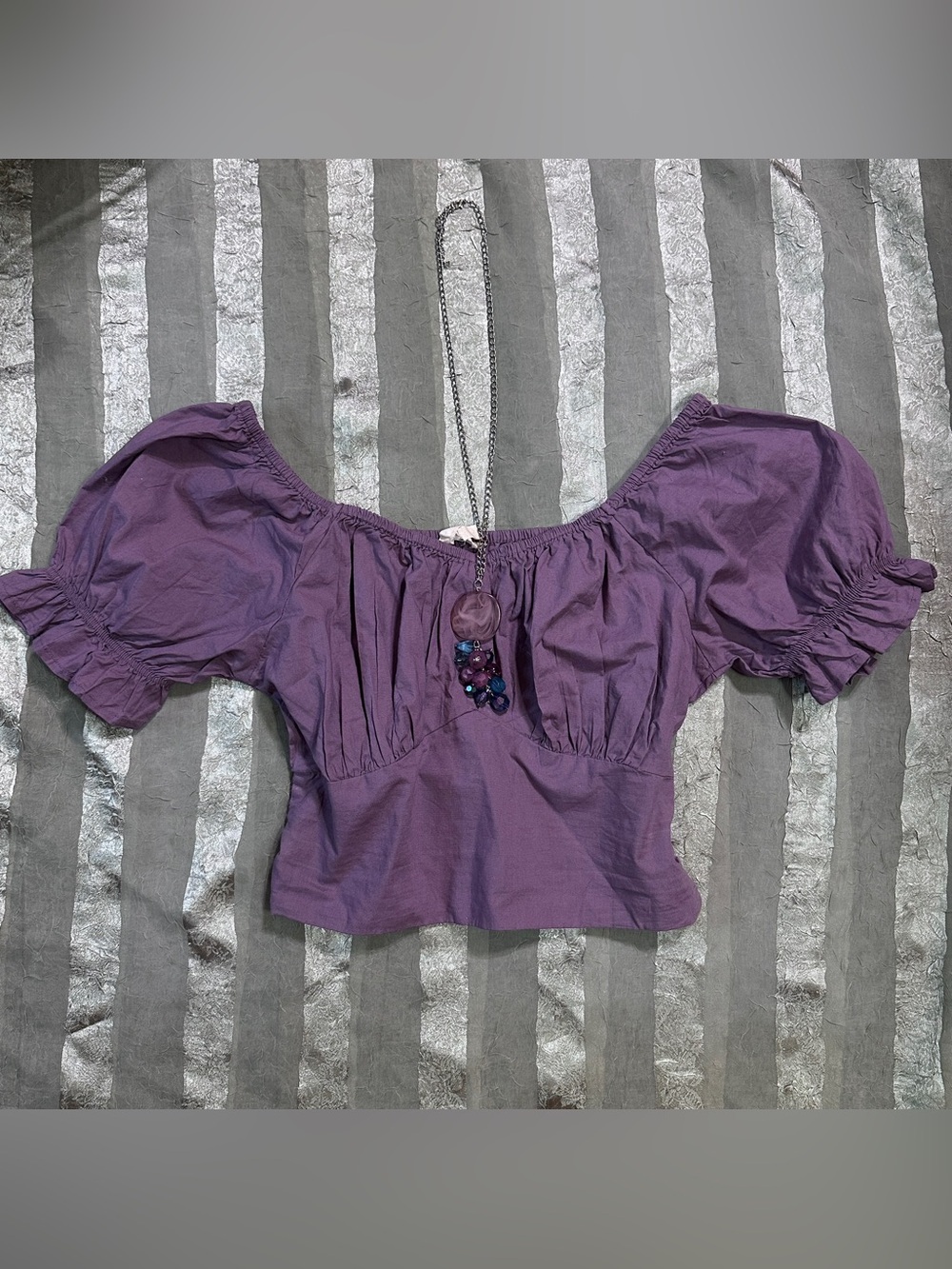Cotton Boho Fairy Purple Off-Shoulder Ruffle Puff Sleeve Crop Top